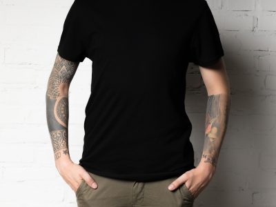 cropped shot of man in blank black t-shirt